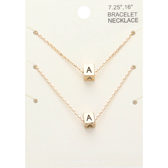 Madeline Love Gold 2PCS - -A- Initial Monogram Metal Cube Pendant Necklace / Bracelet Set - Bracelets