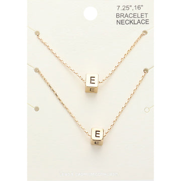 Madeline Love Gold 2PCS - -E- Initial Monogram Metal Cube Pendant Necklace / Bracelet Set - Bracelets