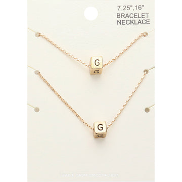 Madeline Love Gold 2PCS - -G- Initial Monogram Metal Cube Pendant Necklace / Bracelet Set - Bracelets