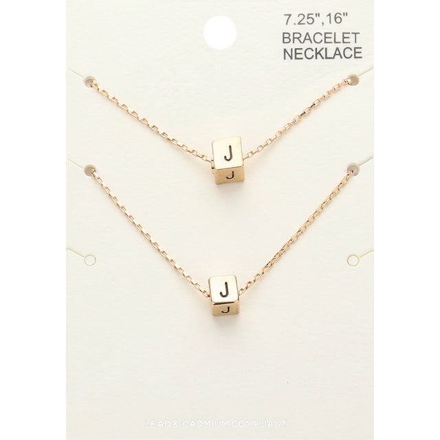 Madeline Love Gold 2PCS - -J- Initial Monogram Metal Cube Pendant Necklace / Bracelet Set - Bracelets