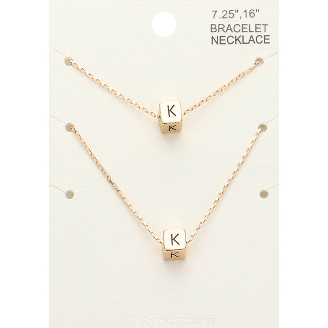 Madeline Love Gold 2PCS - -K- Initial Monogram Metal Cube Pendant Necklace / Bracelet Set - Bracelets