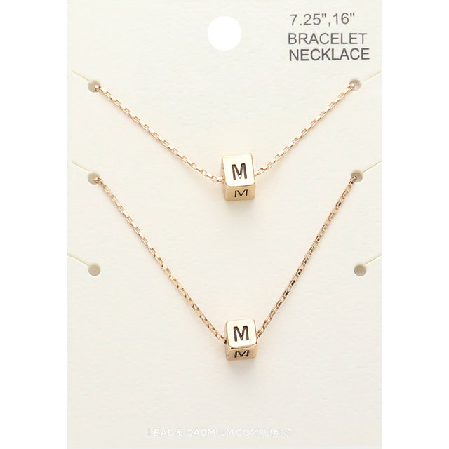 Madeline Love Gold 2PCS - -M- Initial Monogram Metal Cube Pendant Necklace / Bracelet Set - Bracelets
