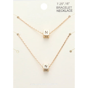 Madeline Love Gold 2PCS - -N- Initial Monogram Metal Cube Pendant Necklace / Bracelet Set - Bracelets