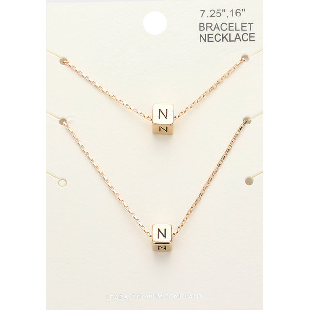 Madeline Love Gold 2PCS - -N- Initial Monogram Metal Cube Pendant Necklace / Bracelet Set - Bracelets