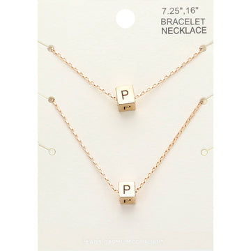Madeline Love Gold 2PCS - -P- Initial Monogram Metal Cube Pendant Necklace / Bracelet Set - Bracelets