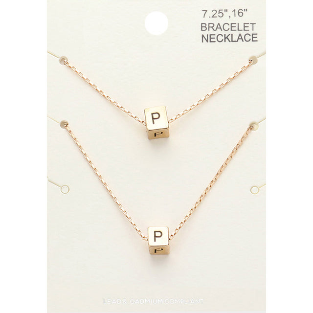 Madeline Love Gold 2PCS - -P- Initial Monogram Metal Cube Pendant Necklace / Bracelet Set - Bracelets