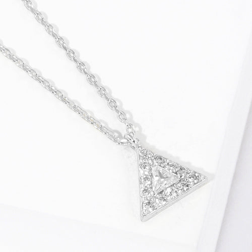 White Gold Dipped CZ Triangle Pendant Necklace - Clear, Rhodium