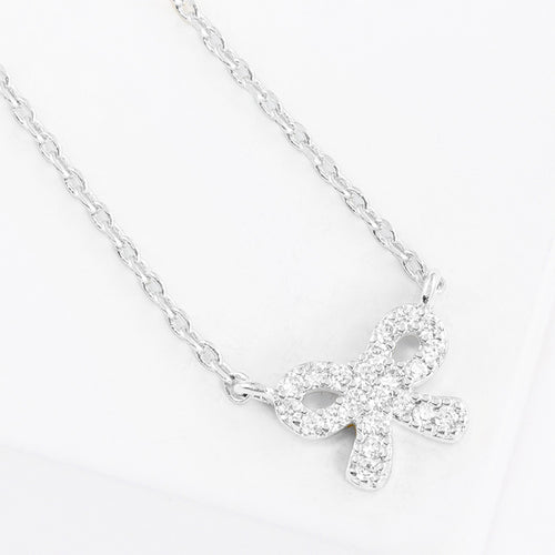 White Gold Dipped CZ Stone Paved Bow Pendant Necklace - Clear, Rhodium