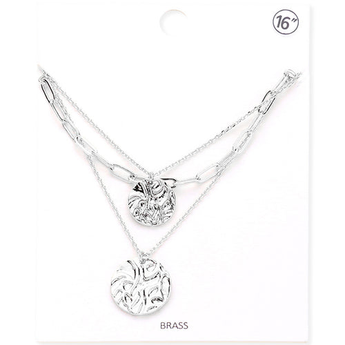 Brass Metal Crushed Metal Disc Pendant Triple Layered Necklace - Rhodium