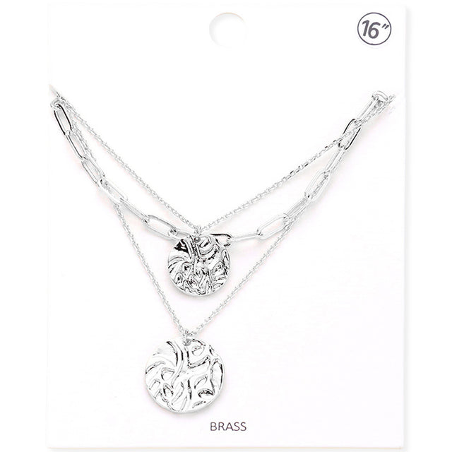 Madeline Love Rhodium Brass Metal Crushed Metal Disc Pendant Triple Layered Necklace - Necklaces