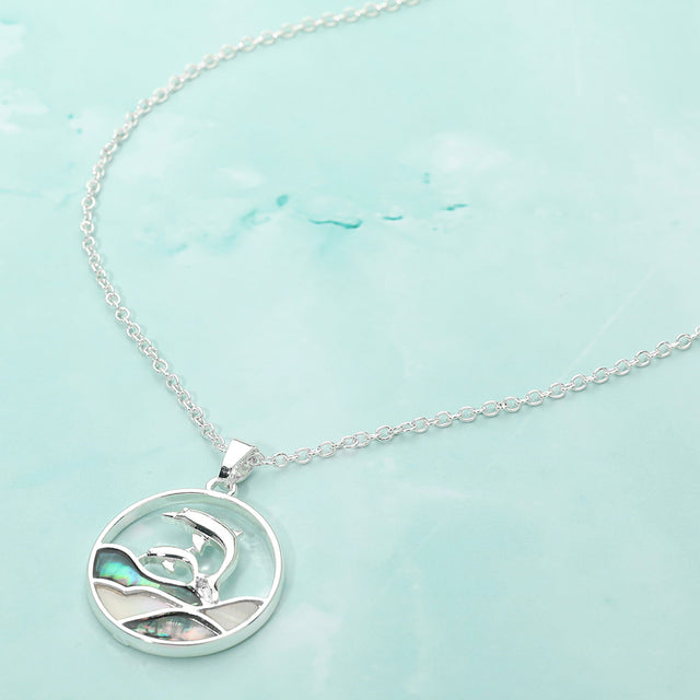 Madeline Love Multi, Silver Abalone Double Dolphin Wave Round Pendant Necklace - Jewelry