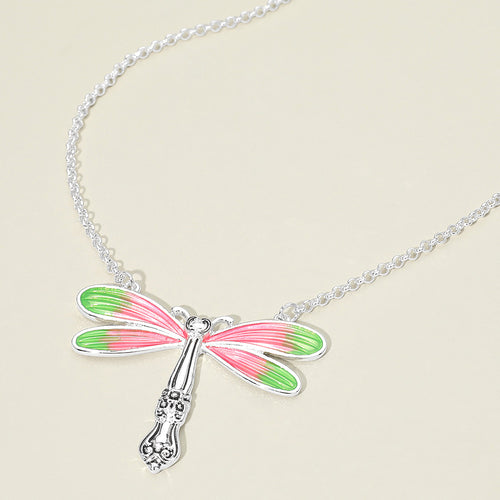 Dragonfly Charm Pendant Necklace - Antique Silver, Pink