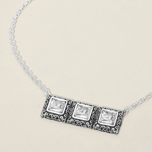 Triple Antique Metal Scrollwork Frame Square Tile Pendant Necklace - Antique Silver, Clear