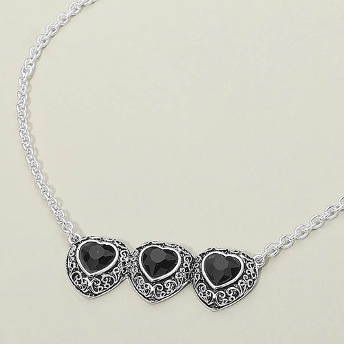 Triple Antique Metal Scrollwork Frame Heart Tile Pendant Necklace - Antique Silver, Black