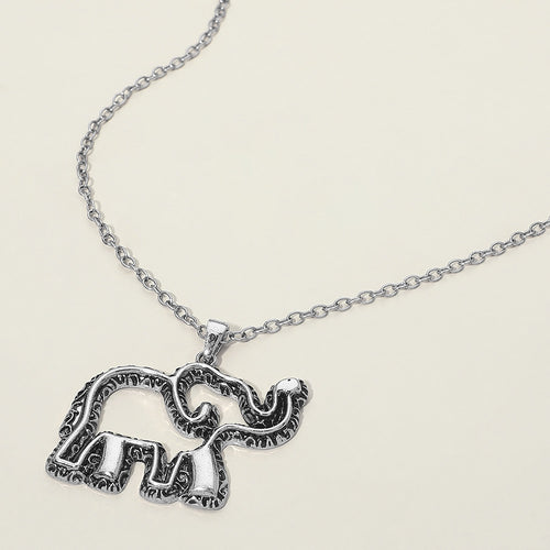 Antique Metal Open Elephant Pendant Necklace - Antique Silver