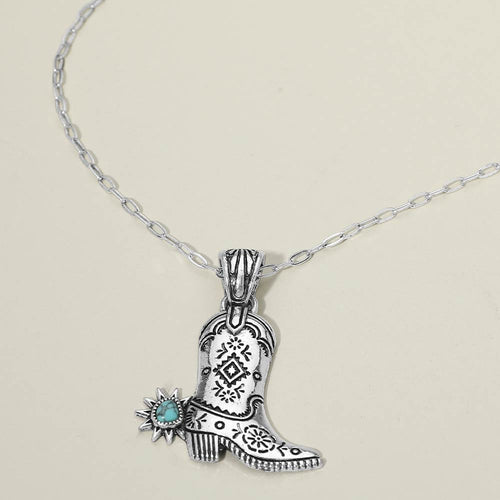 Turquoise Stone Accent Western Cowboy Boot Pendant Necklace - Silver Burnished, Turquoise