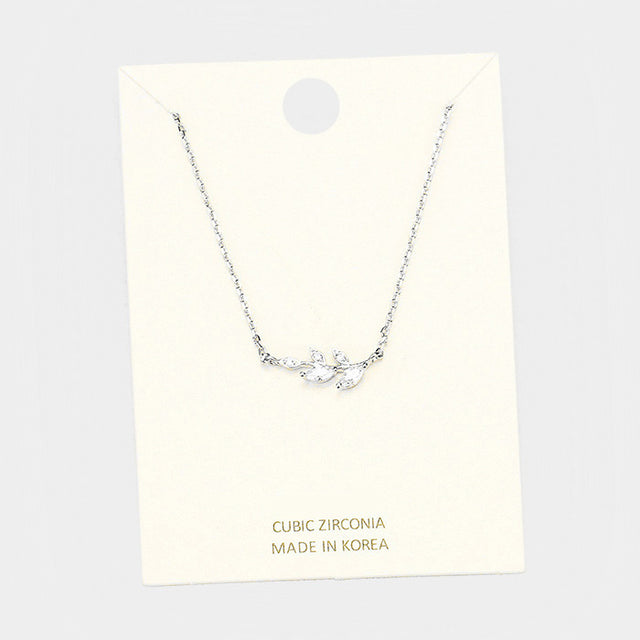 Madeline Love Clear, Rhodium Cubic Zirconia Leaf Pendant Necklace - Necklaces