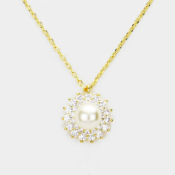 Madeline Love Clear, Cream, Gold Cubic Zirconia Pearl Accented Pendant Necklace - Jewelry