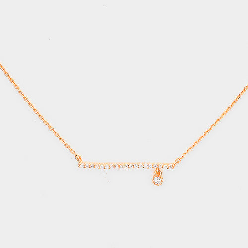 Cubic Zirconia Bar Dangle Pendant Necklace - Clear, Rose Gold