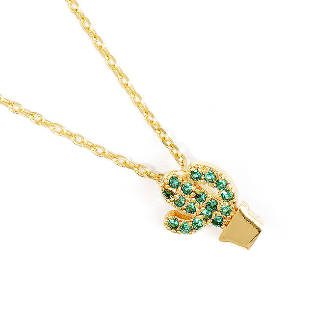 Madeline Love Gold, Peridot Gold Dipped CZ Stone Paved Cactus Pendant Necklace - Necklaces