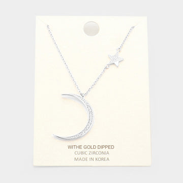 Madeline Love Clear, Rhodium White Gold Dipped Cubic Zirconia Moon Star Pendant Necklace - Necklaces