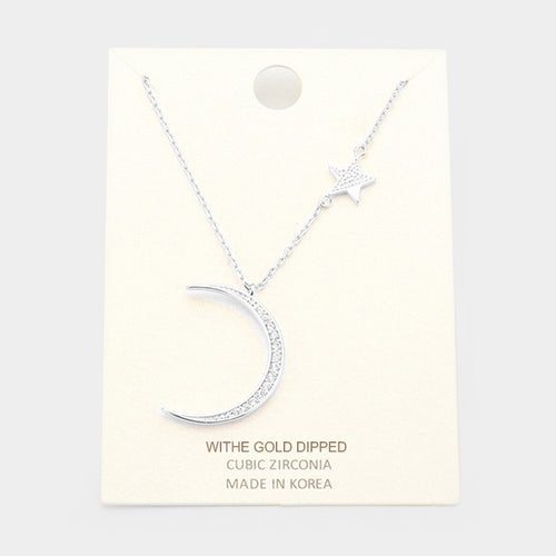 White Gold Dipped Cubic Zirconia Moon Star Pendant Necklace - Clear, Rhodium