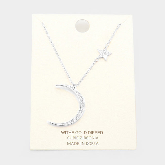 Madeline Love Clear, Rhodium White Gold Dipped Cubic Zirconia Moon Star Pendant Necklace - Necklaces