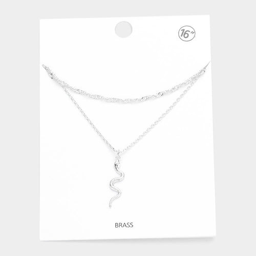 Brass Metal Snake Pendant Double Layered Necklace - Rhodium