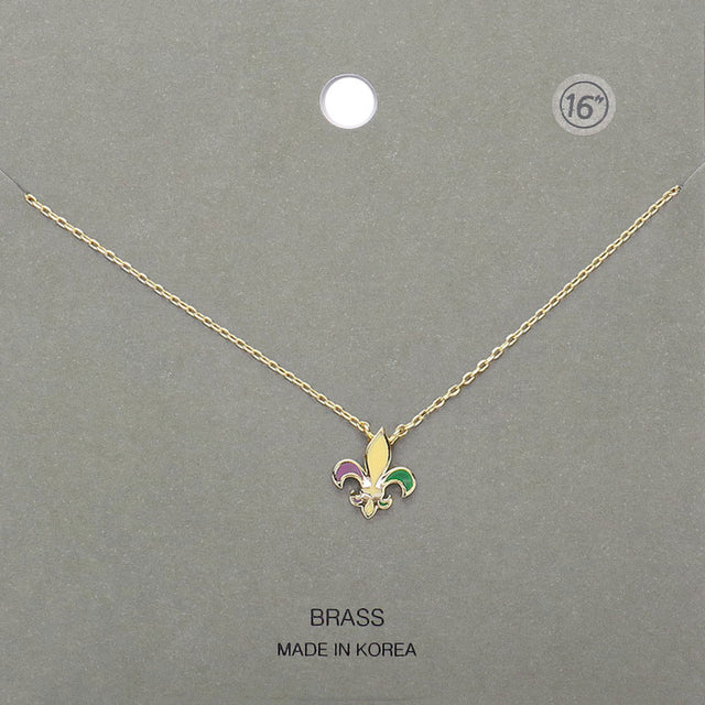 Gold, Multi Mardi Gras Brass Metal Enamel Fleur de Lis Pendant Necklace