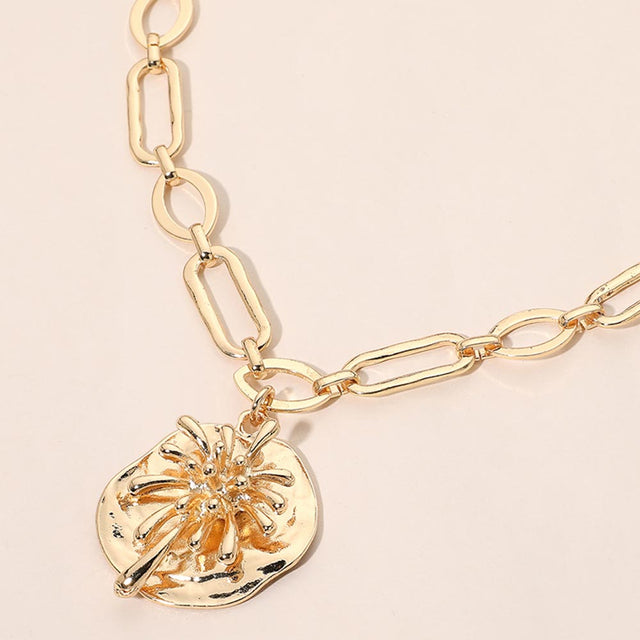 Madeline Love Gold Metal Abstract Starburst Charm Pendant Hammerd Rectangular Oval Link Necklace