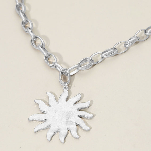 Madeline Love Worn Silver Brushed Metal Sunburst Pendant Chunky Chain Necklace - Necklaces