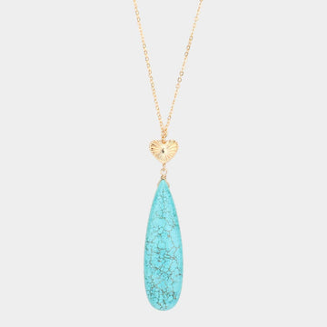 Metal Heart Teardrop Natural Stone Link Pendant Long Necklace - Turquoise - Necklaces