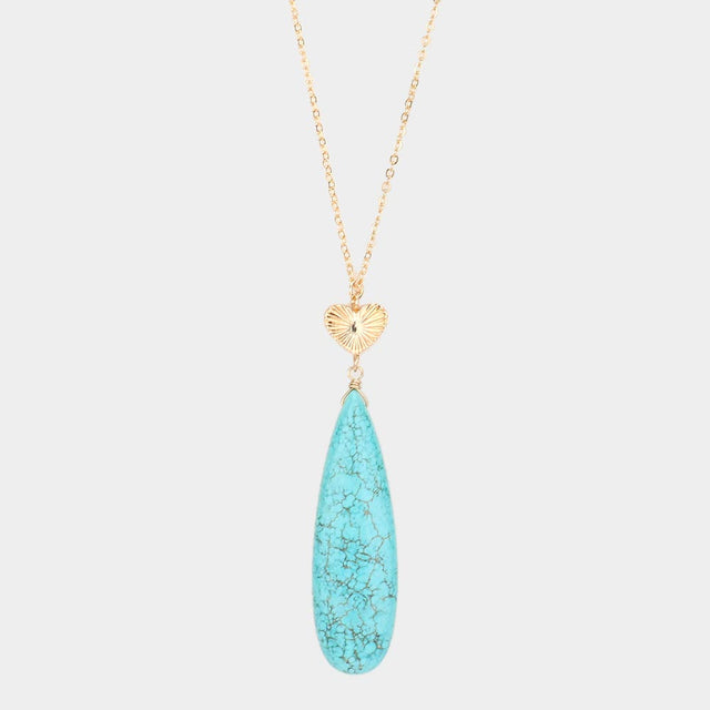 Metal Heart Teardrop Natural Stone Link Pendant Long Necklace - Turquoise - Necklaces