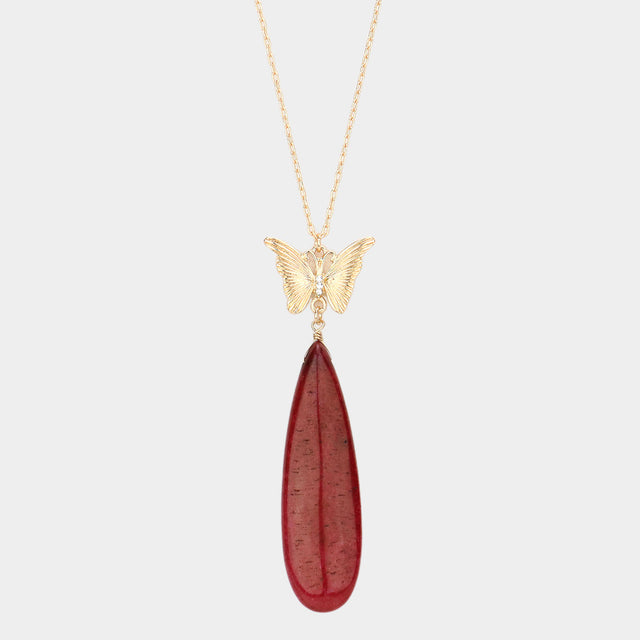 Madeline Love Burgundy Butterfly Natural Stone Teardrop Link Pendant Long Necklace - Necklaces