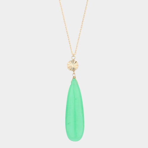 Textured Metal Round Natural Stone Teardrop Link Pendant Long Necklace - Green