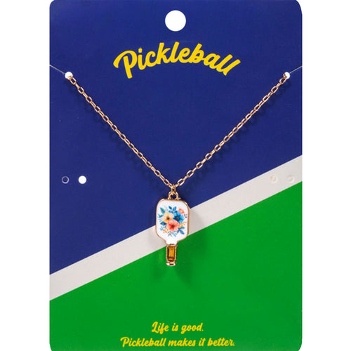 Floral Pickleball Paddle Pendant Necklace - Multi, White