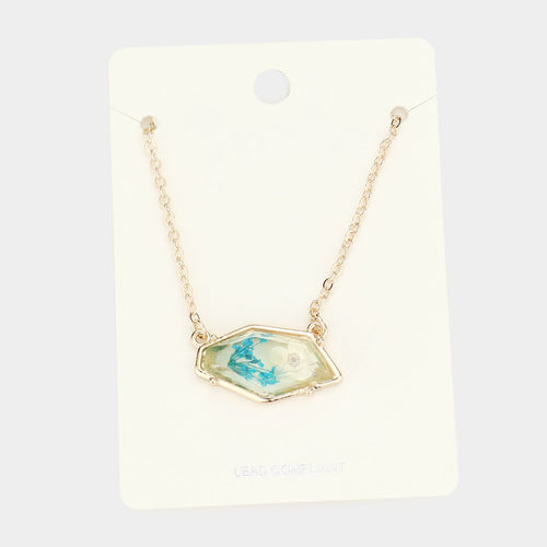 Angled Metal Trimmed Pressed Flower Pendant Necklace - Turquoise
