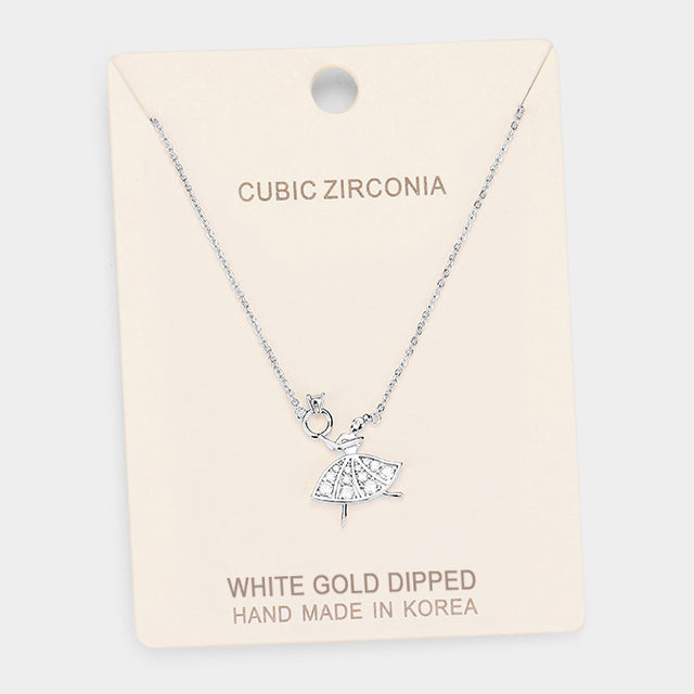 Madeline Love Clear, Rhodium White Gold Dipped Cubic Zirconia Ballerina Pendant Necklace - Necklaces