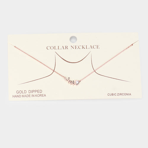 Gold Dipped Cubic Zirconia Fishbone Pendant Necklace - Clear, Rose Gold