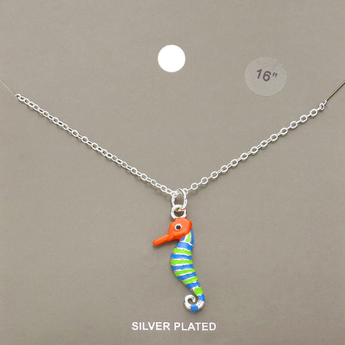 Silver Plated Enamel Metal Seahorse Pendant Necklace - Multi