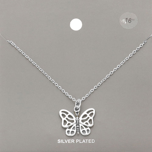 Silver Plated Metal Butterfly Pendant Necklace - Silver