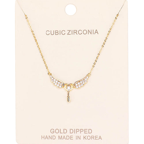 Gold Dipped CZ Angel Wings Key Pendant Necklace - Clear, Gold
