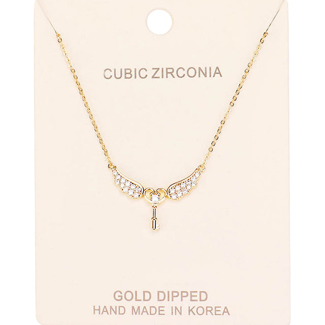 Madeline Love Clear, Gold Gold Dipped CZ Angel Wings Key Pendant Necklace - Necklaces