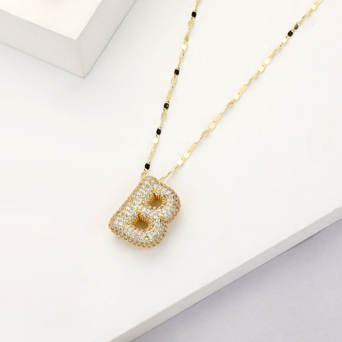 -B- Gold Dipped CZ Stone Paved Initial Monogram Pendant Necklace - Gold