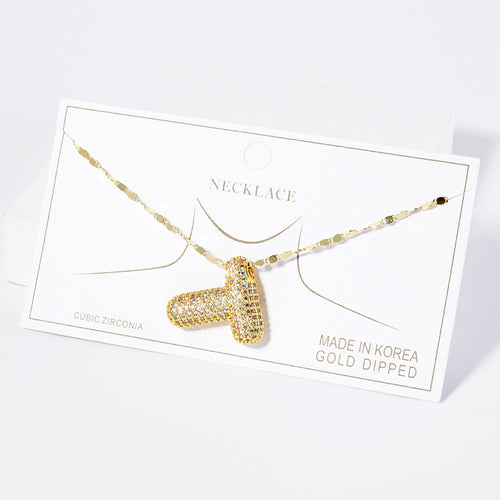 -T- Gold Dipped CZ Stone Paved Initial Monogram Pendant Necklace - Gold