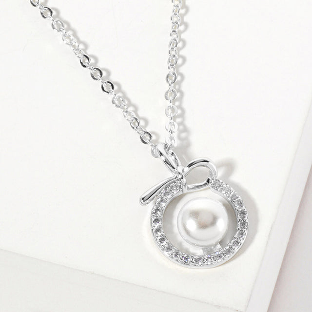 Madeline Love Rhodium, White White Gold Dipped CZ Pave Halo Pearl Charm Pendant Necklace - Jewelry