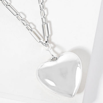 Madeline Love Rhodium Gold Dipped Bold Puffy Heart Pendant Paperclip Link Chain Necklace - Necklaces