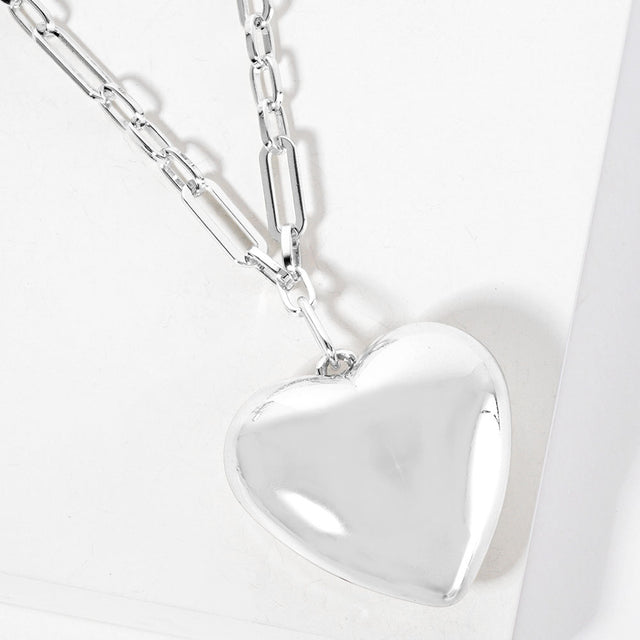 Madeline Love Rhodium Gold Dipped Bold Puffy Heart Pendant Paperclip Link Chain Necklace - Necklaces