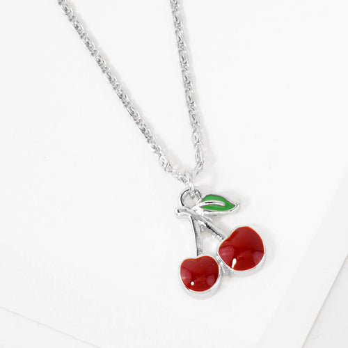 White Gold Dipped Enamel Cherry Pendant Necklace - Rhodium