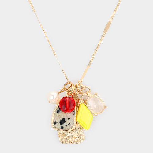 Natural Stone Pearl Faceted Beads Charms Pendant Necklace - Brown